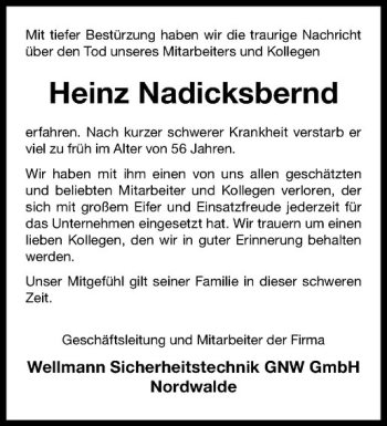 Anzeige von Heinz Nadicksbernd von Westfälische Nachrichten