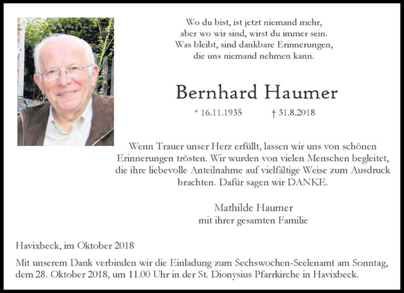  Traueranzeige für Bernhard Haumer vom 20.10.2018 aus Westfälische Nachrichten