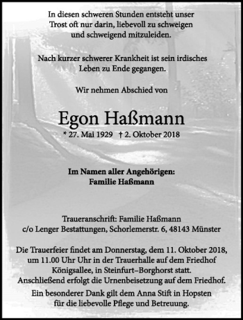 Anzeige von Egon Haßmann von Westfälische Nachrichten