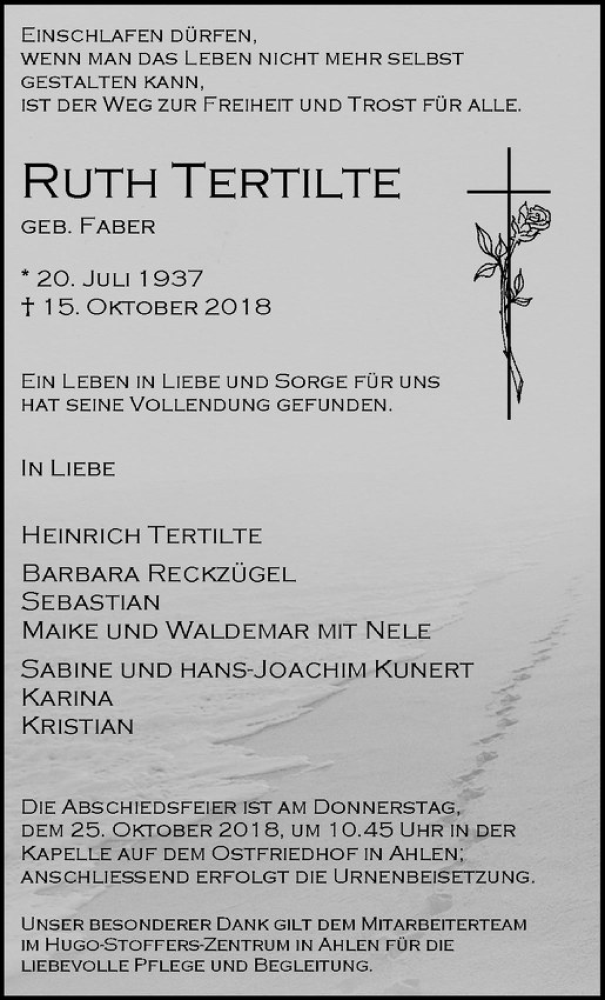  Traueranzeige für Ruth Tertilte vom 20.10.2018 aus Westfälische Nachrichten