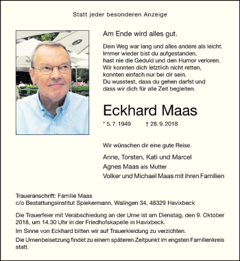 Anzeige von Eckhard Maas von Westfälische Nachrichten