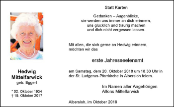 Anzeige von Hedwig Mittelfarwick von Westfälische Nachrichten
