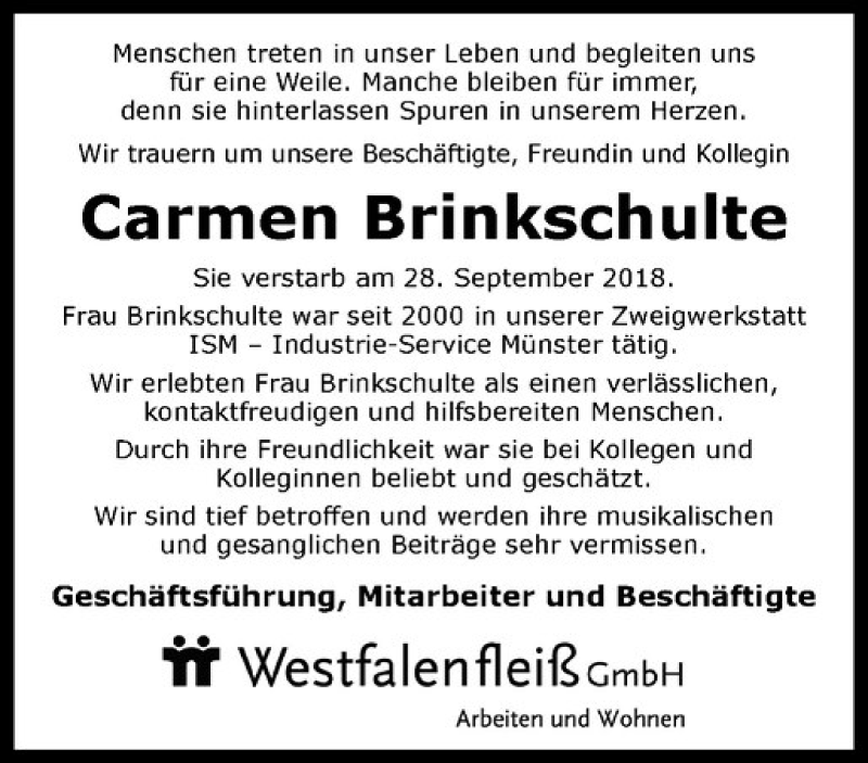  Traueranzeige für Carmen Brinkschulte vom 13.10.2018 aus Westfälische Nachrichten