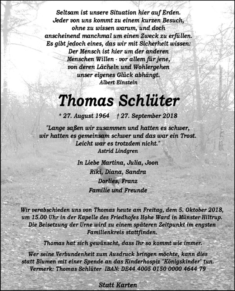  Traueranzeige für Thomas Schlüter vom 05.10.2018 aus Westfälische Nachrichten