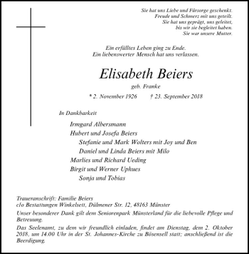 Anzeige von Elisabeth Beiers von Westfälische Nachrichten