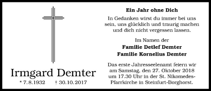  Traueranzeige für Irmgard Demter vom 20.10.2018 aus Westfälische Nachrichten