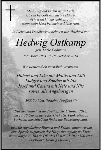Anzeige von Hedwig Ostkamp von Westfälische Nachrichten