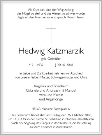 Anzeige von Hedwig Katzmarzik von Westfälische Nachrichten