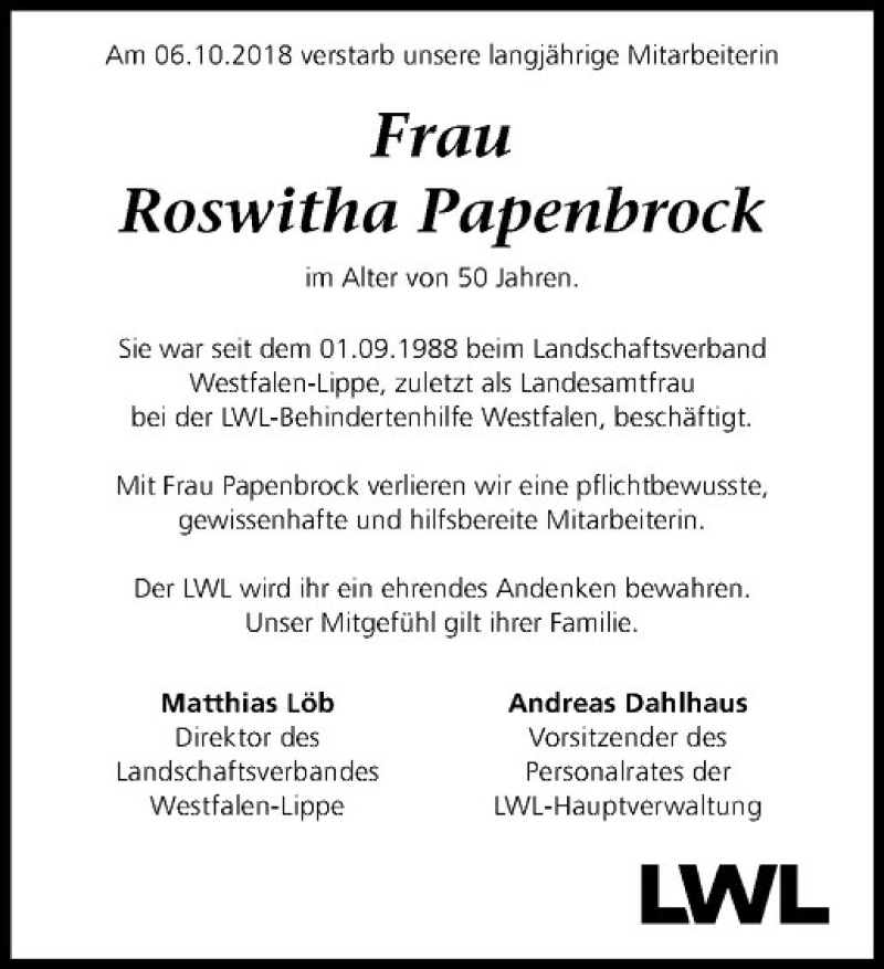  Traueranzeige für Roswitha Papenbrock vom 19.10.2018 aus Westfälische Nachrichten