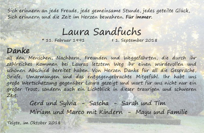  Traueranzeige für Laura Sandfuchs vom 06.10.2018 aus Westfälische Nachrichten