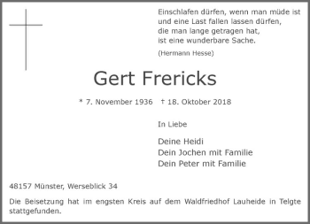 Anzeige von Gert Frericks von Westfälische Nachrichten