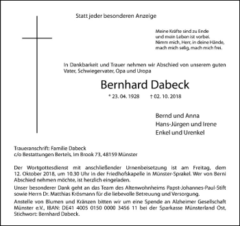 Anzeige von Bernhard Dabeck von Westfälische Nachrichten