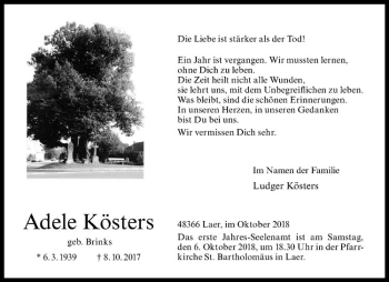 Anzeige von Adele Kösters von Westfälische Nachrichten