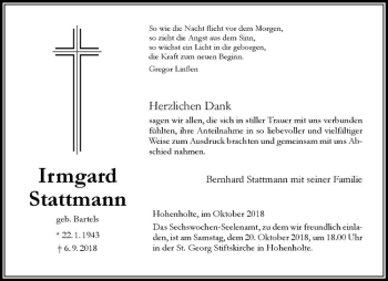 Anzeige von Irmgard Stattmann von Westfälische Nachrichten