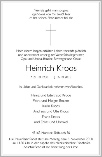 Anzeige von Heinrich Kroos von Westfälische Nachrichten