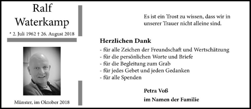  Traueranzeige für Ralf Waterkamp vom 06.10.2018 aus Westfälische Nachrichten