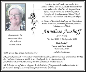 Anzeige von Anneliese Amshoff von Westfälische Nachrichten