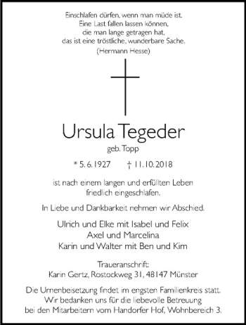 Anzeige von Ursula Tegeder von Westfälische Nachrichten