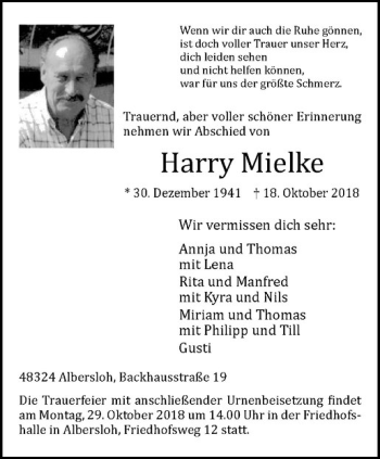Anzeige von Harry Mielke von Westfälische Nachrichten