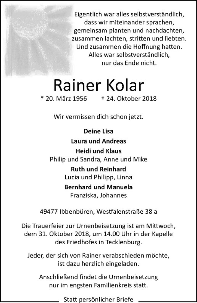  Traueranzeige für Rainer Kolar vom 27.10.2018 aus Westfälische Nachrichten