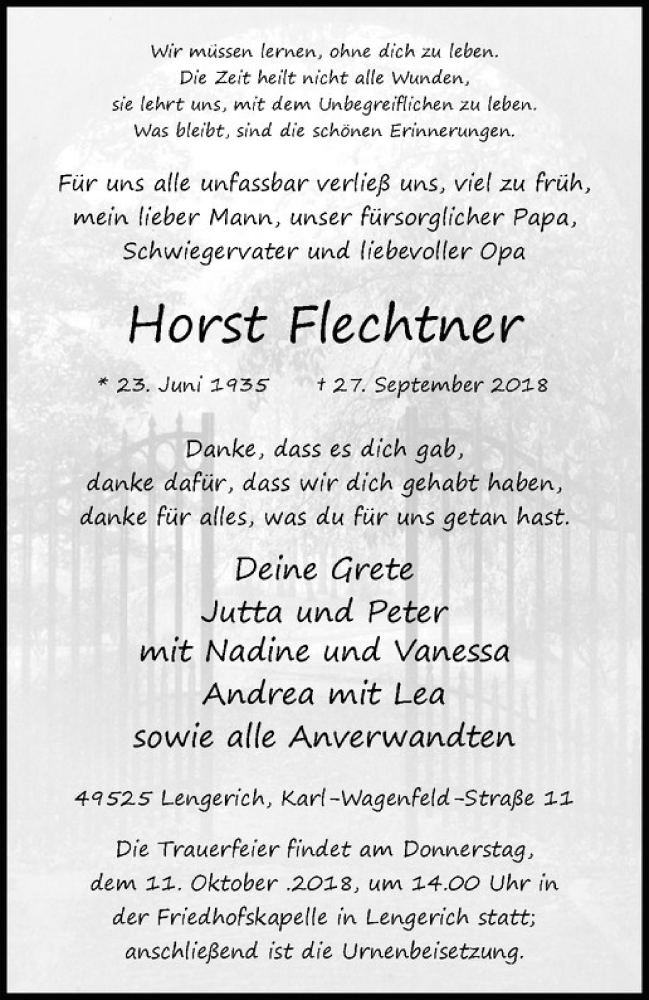 Traueranzeige für Horst Flechtner vom 10.10.2018 aus Westfälische Nachrichten