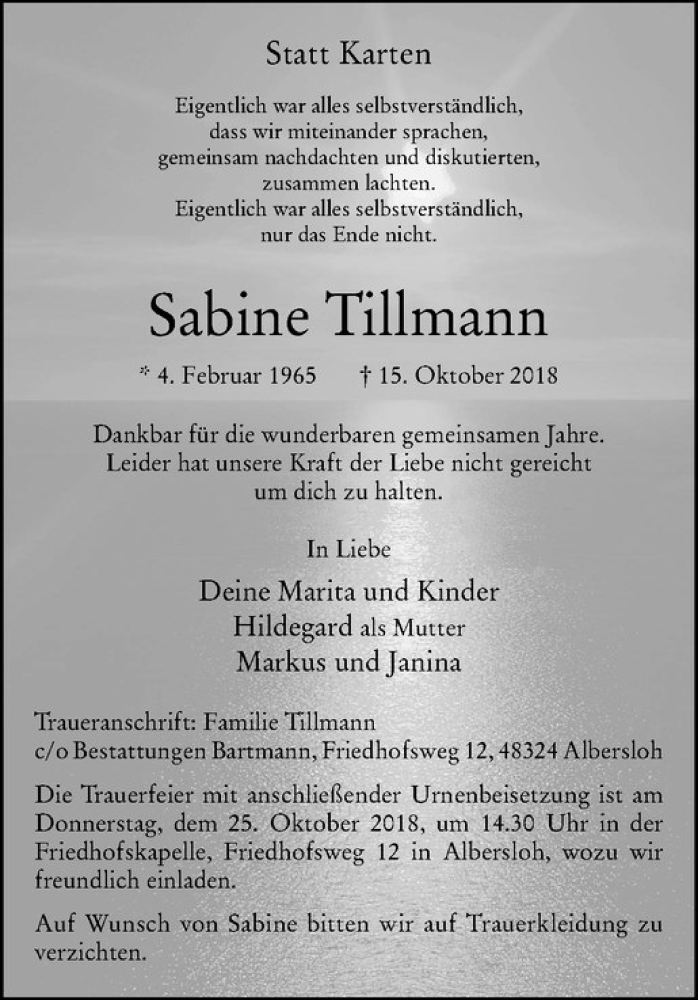  Traueranzeige für Sabine Tillmann vom 20.10.2018 aus Westfälische Nachrichten