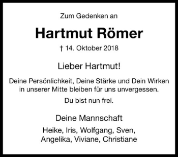 Anzeige von Hartmut Römer von Westfälische Nachrichten