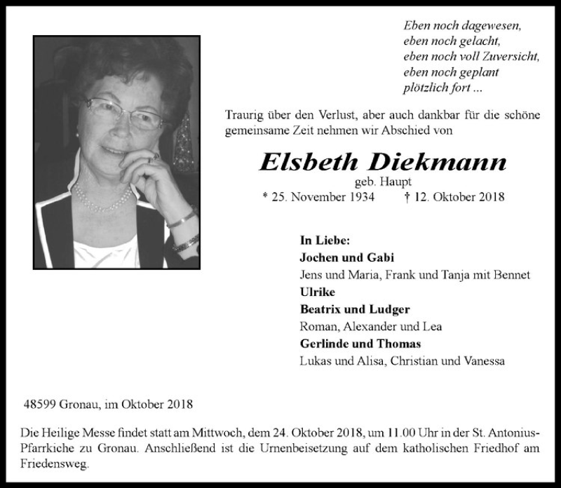 Traueranzeige für Elsbeth Diekmann vom 19.10.2018 aus Westfälische Nachrichten