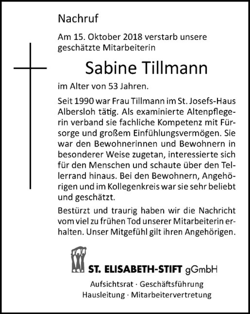  Traueranzeige für Sabine Tillmann vom 24.10.2018 aus Westfälische Nachrichten