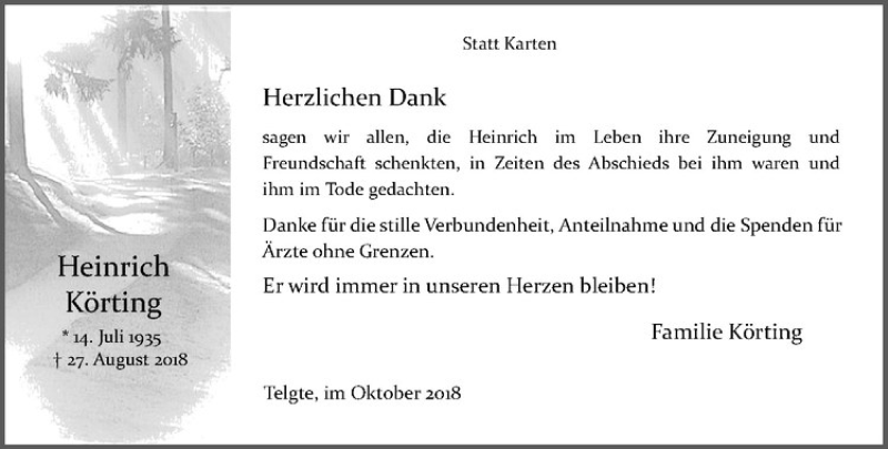  Traueranzeige für Heinrich Körting vom 13.10.2018 aus Westfälische Nachrichten