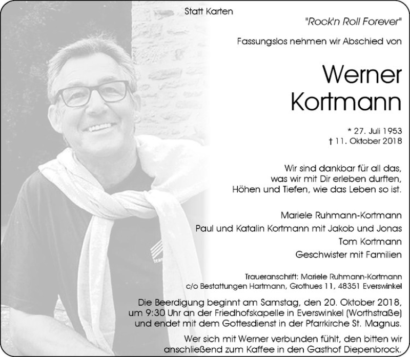  Traueranzeige für Werner Kortmann vom 16.10.2018 aus Westfälische Nachrichten