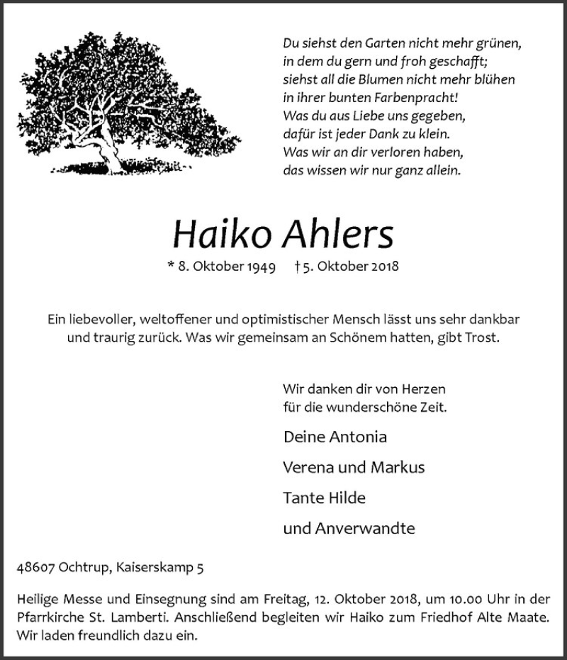  Traueranzeige für Heiko Ahlers vom 09.10.2018 aus Westfälische Nachrichten