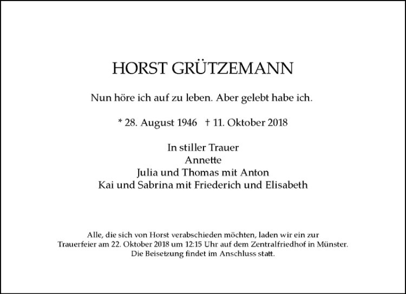  Traueranzeige für Horst Grützemann vom 13.10.2018 aus Westfälische Nachrichten