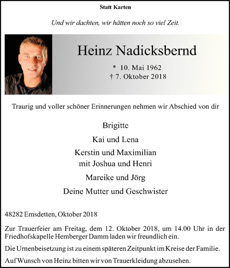  Traueranzeige für Heinz Nadicksbernd vom 10.10.2018 aus Westfälische Nachrichten