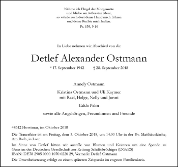 Anzeige von Detlef Alexander Ostmann von Westfälische Nachrichten