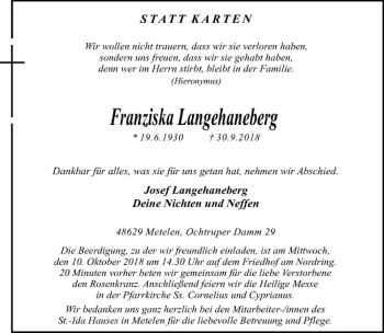Anzeige von Franziska Langehaneberg von Westfälische Nachrichten