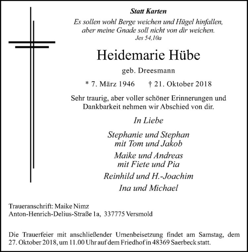  Traueranzeige für Heidemarie Hübe vom 24.10.2018 aus Westfälische Nachrichten