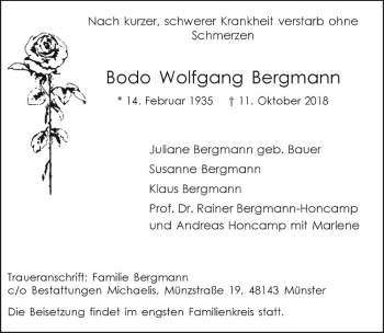 Anzeige von Bodo Wolfgang Bergmann von Westfälische Nachrichten
