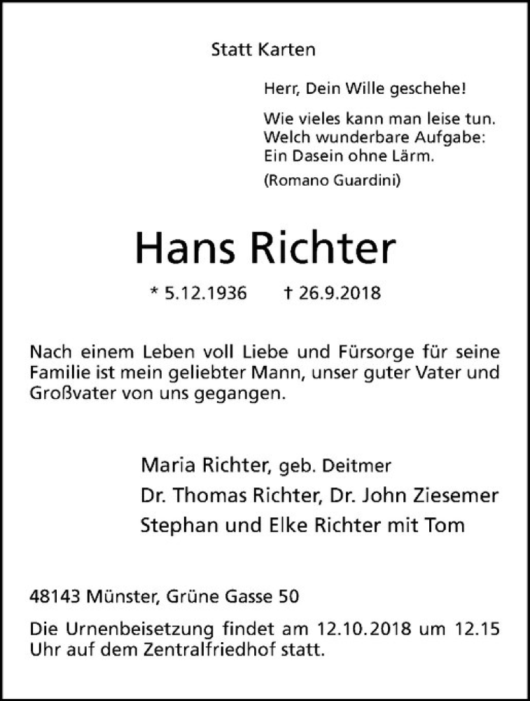  Traueranzeige für Hans Richter vom 06.10.2018 aus Westfälische Nachrichten