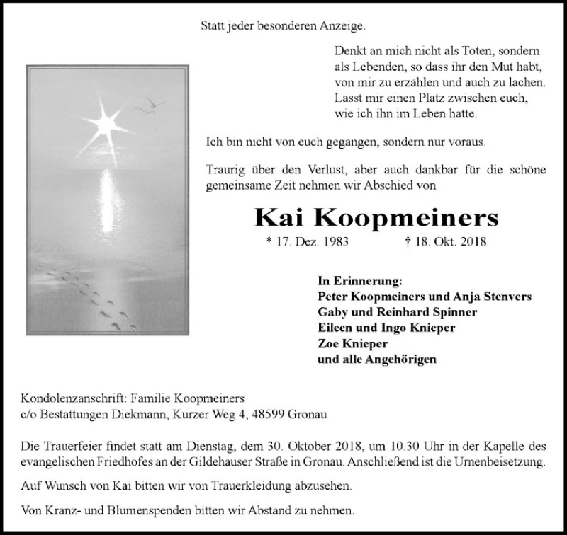  Traueranzeige für Kai Koopmeiners vom 24.10.2018 aus Westfälische Nachrichten