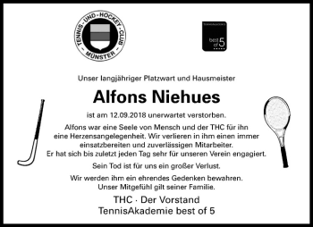 Anzeige von Alfons Niehues von Westfälische Nachrichten
