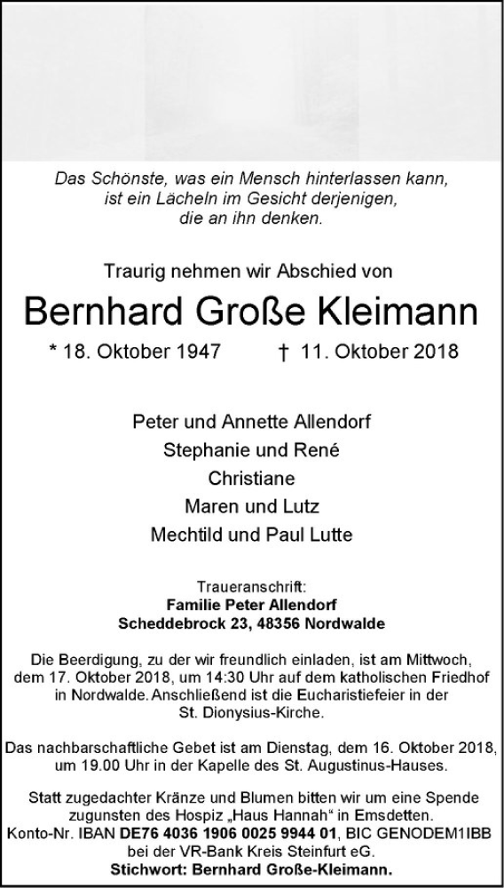  Traueranzeige für Bernhard Große Kleimann vom 13.10.2018 aus Westfälische Nachrichten