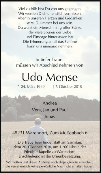 Anzeige von Udo Mense von Westfälische Nachrichten