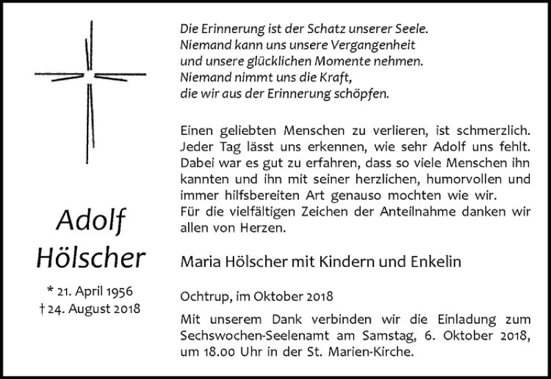  Traueranzeige für Adolf Hölscher vom 03.10.2018 aus Westfälische Nachrichten