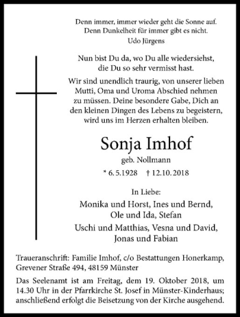 Anzeige von Sonja Imhof von Westfälische Nachrichten