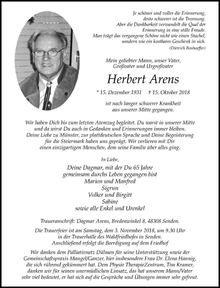  Traueranzeige für Herbert Arens vom 20.10.2018 aus Westfälische Nachrichten