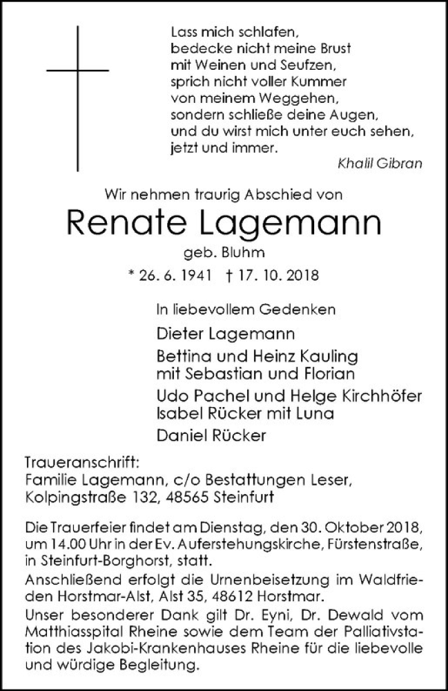  Traueranzeige für Renate Lagemann vom 20.10.2018 aus Westfälische Nachrichten