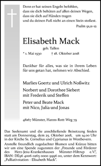 Anzeige von Elisabeth Mack von Westfälische Nachrichten