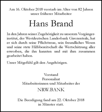 Anzeige von Hans Lothar Brand von Westfälische Nachrichten