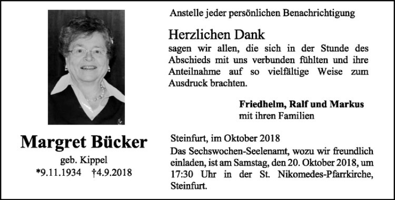  Traueranzeige für Margret Bücker vom 13.10.2018 aus Westfälische Nachrichten
